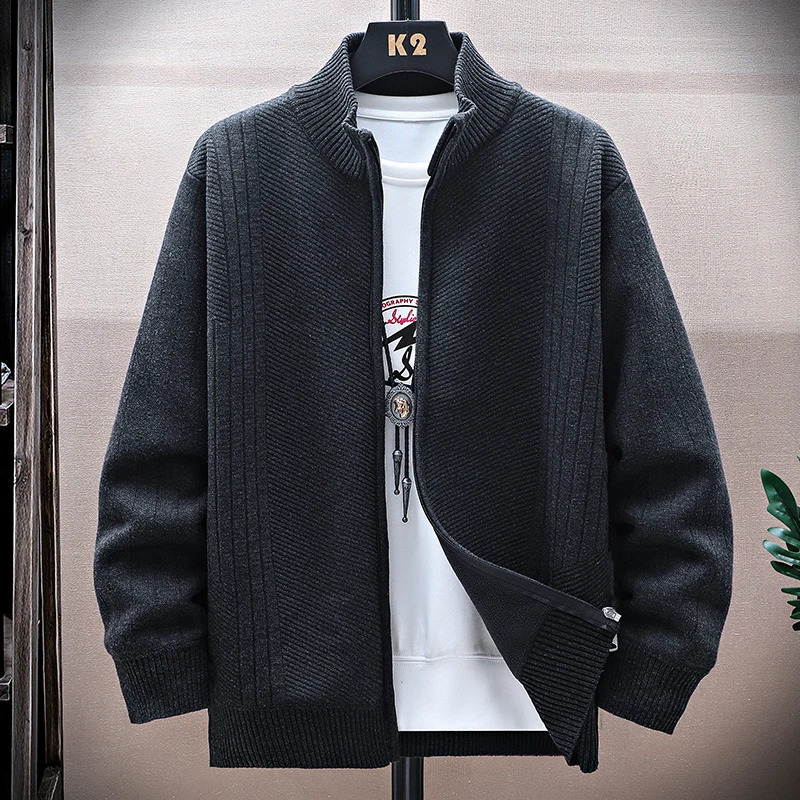 Winter Mens Fleece Sweater Cardigan Mock Neck Knit Coat Casual Jacket High Quality Male Autumn Clothing 250819