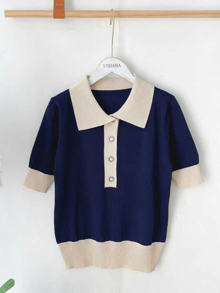 Korean Fashion Women Tops Striped Button Turn-Down Collar Knitted Sweater Short Sve Ice Silk Pullover Fe Sueters De Jer XJ250819