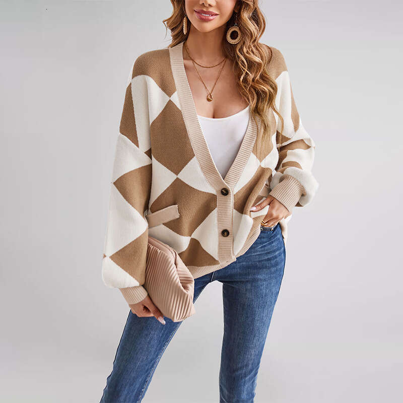 New Winter Women's Clothing V-Neck Diamond Stitching Contrast Color Loose Knitted Jacket Open B5