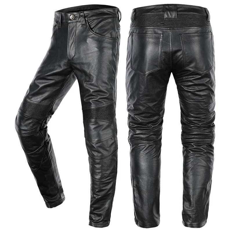 Mens Cowhide Trousers For Man High Quality Moto Biker Slim Pants Can Install Knee Protectors Motorcycle Genuine Leather Pants W250819