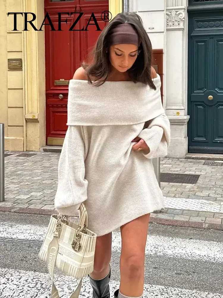 TRZA Women Fashion Solid Off Shoulder Sweater Long Sleeve Knitted Pullover Sweater Autumn Fe Casual Knitwear Chic Top XJ250819