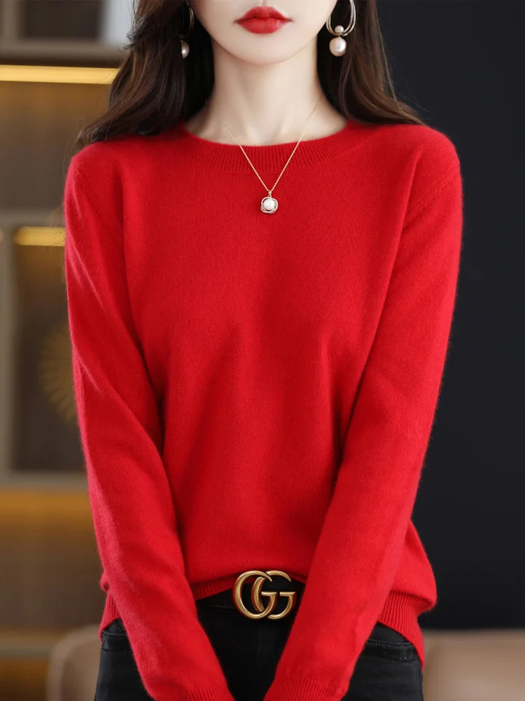 Fashion 100% Merino Wool Sweater Elegant Cashmere Pullover Women ONeck Long Sleeve Knitwear Basic Clothing Jumper Tops 250818