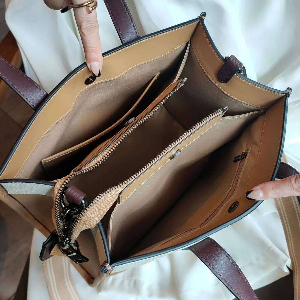 Designer Bags Panelled Hit Color Fashion Tote 100% Natural COW Leather Women Handbag Business OL Style Wide Strap Office Girl Shoulder Bag Luxury Bag
