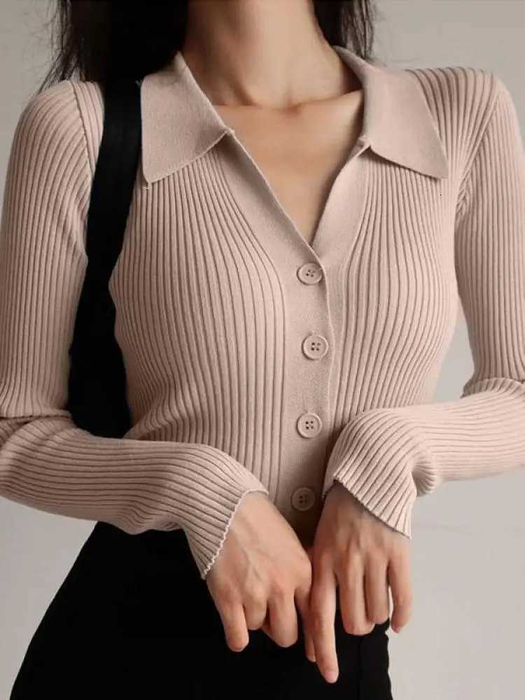 2025 Women Lapel Slim Tops Ladies Buttons Sexy V Neck Long Sleeve Knit Cardigan Sweater XJ250819