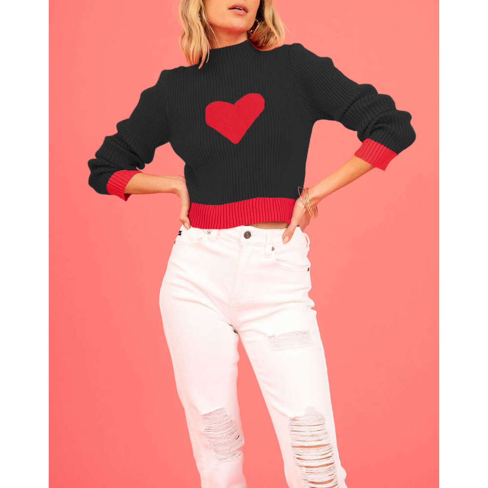 Autumn Winter Valentine's Day High Neck Color Block Heart Peach Slim Fit Women's Knitted Sweater B5