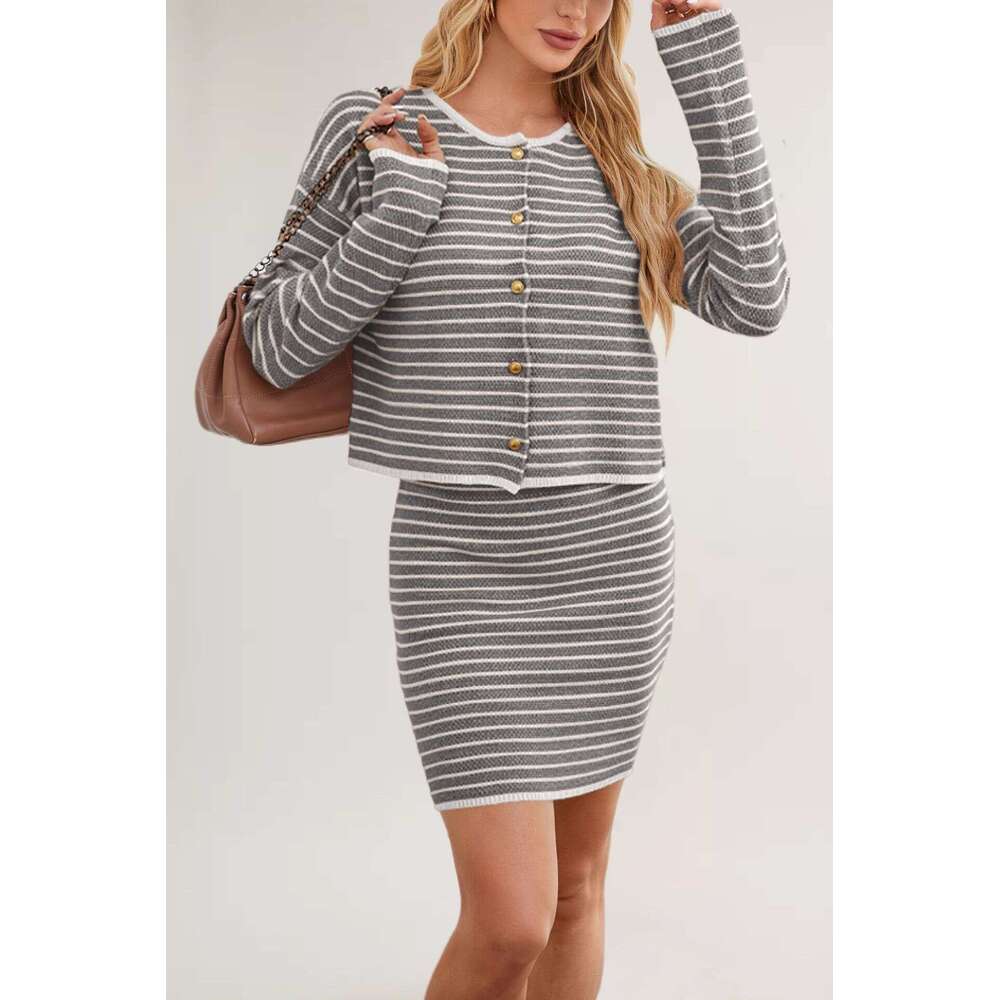 New Autumn And Winter Knitted Cardigan Casual Small Fragrance Style Striped Suit For Women B5