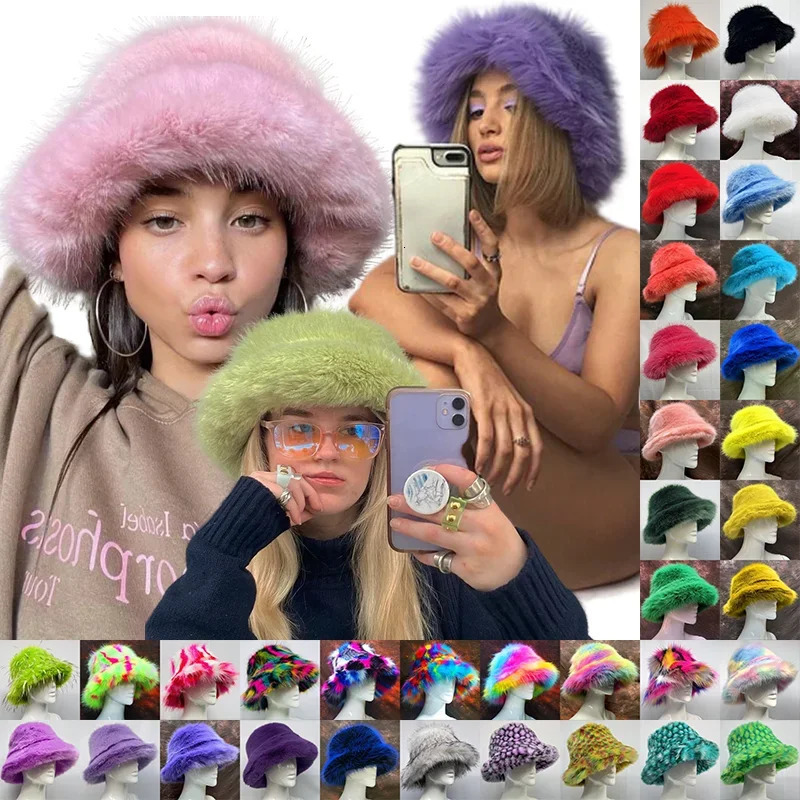 58-60cm Xl Fashion Faux Fur Bucket Hats For Women Winter Warm Big Faux Fur Fluffy Plush Fisherman Caps Outdoor Ski Panama 250819
