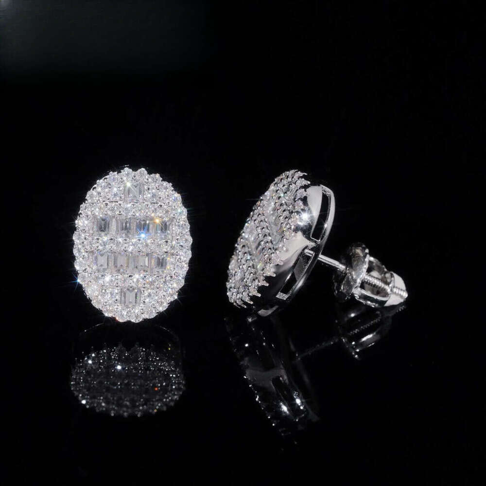 New design baguette lab dia sier vvs moissanite hip hop iced out stud earrings