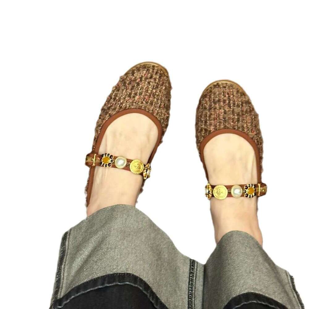 Sheepskin Version ~ Chanel Style Tweed Metal Buckle Mary Jane for Women, Shallow Mouth Single Shoes, One Strap Round Toe Flat Shoes