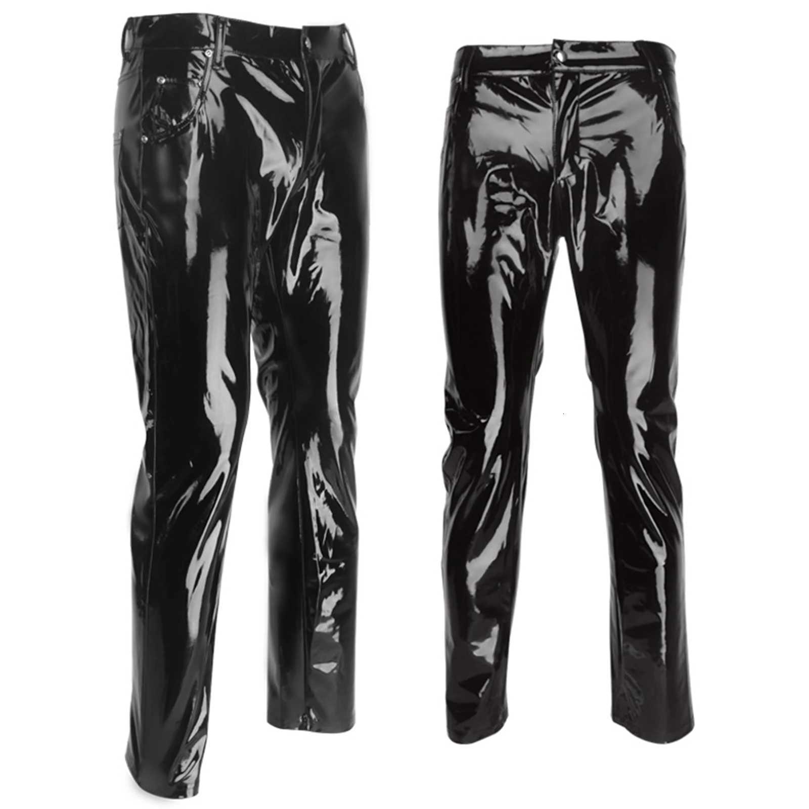 Men Wet Look Patent Leather Full Length Pants Boys Black Glossy Mid Waist Straight Trousers for Bar Nightclub Stage Show Costumes W250819