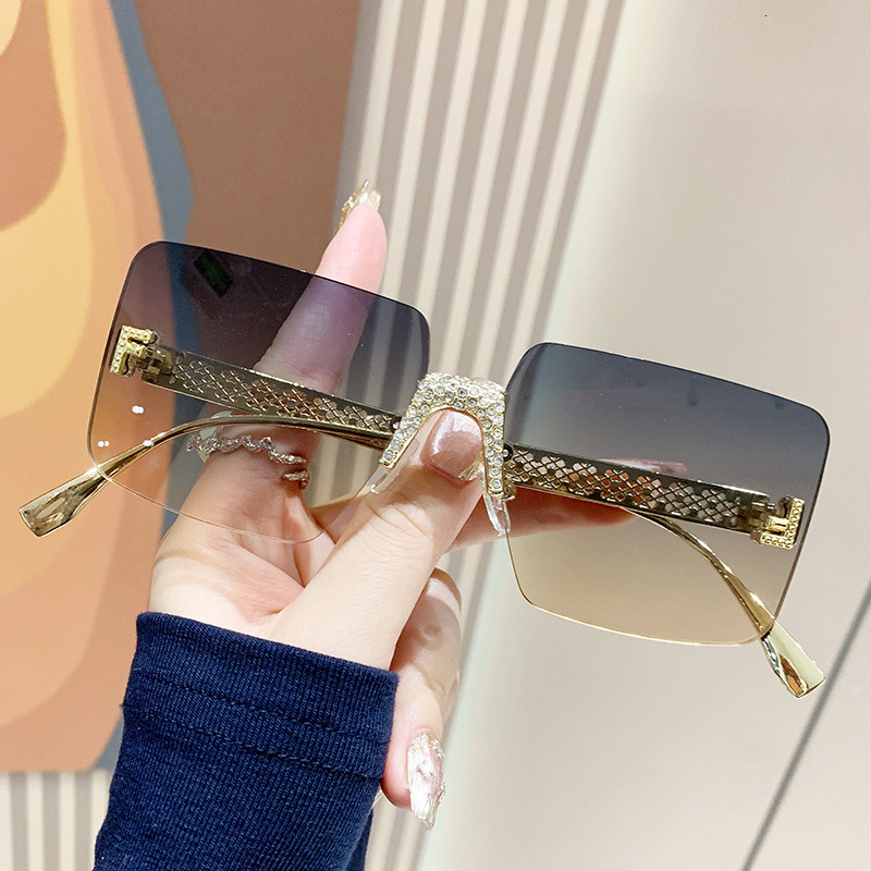 Letter F Diamond Frameless Square Sunglasses Retro Sunglasses Fashion Street Photo Metal Hollow Sun Glasses
