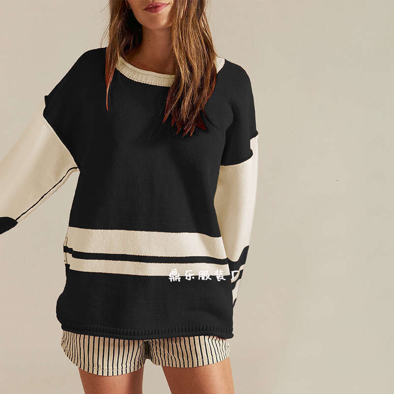 New Autumn Winter Pullover Women's Color Block Round Neck Loose Versatile Knitted Sweater B3