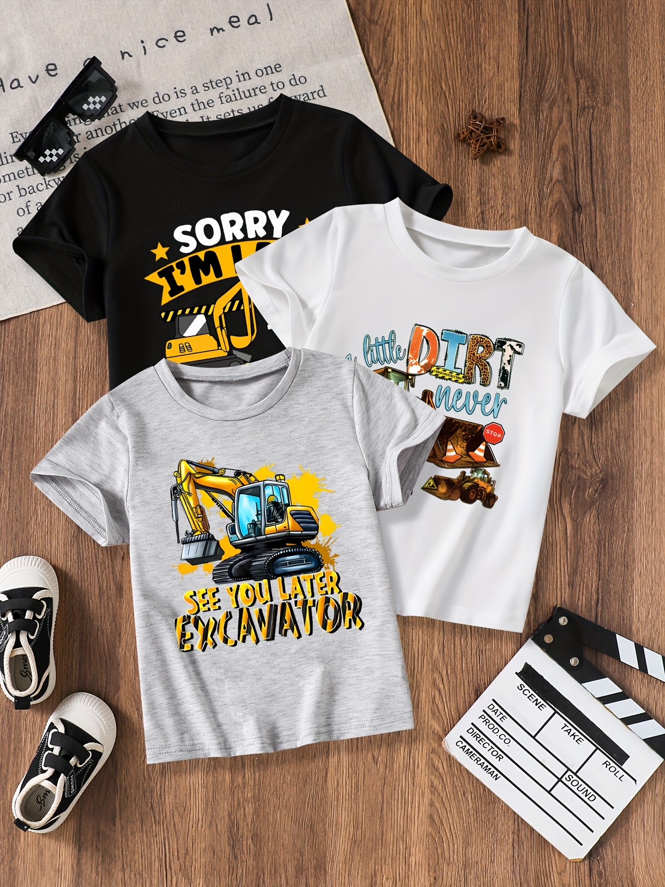 T-shirts Trendy Boy's Apparel Trio Featuring Fun Crane Designs Comfort-Focused Fast Dry Tees