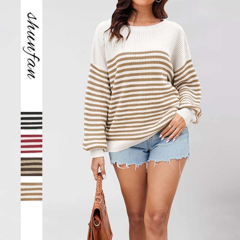 Autumn Winter New Women's Tiktok Casual Striped Color Block Knitted Round Neck Plus Size Sweater Top B5