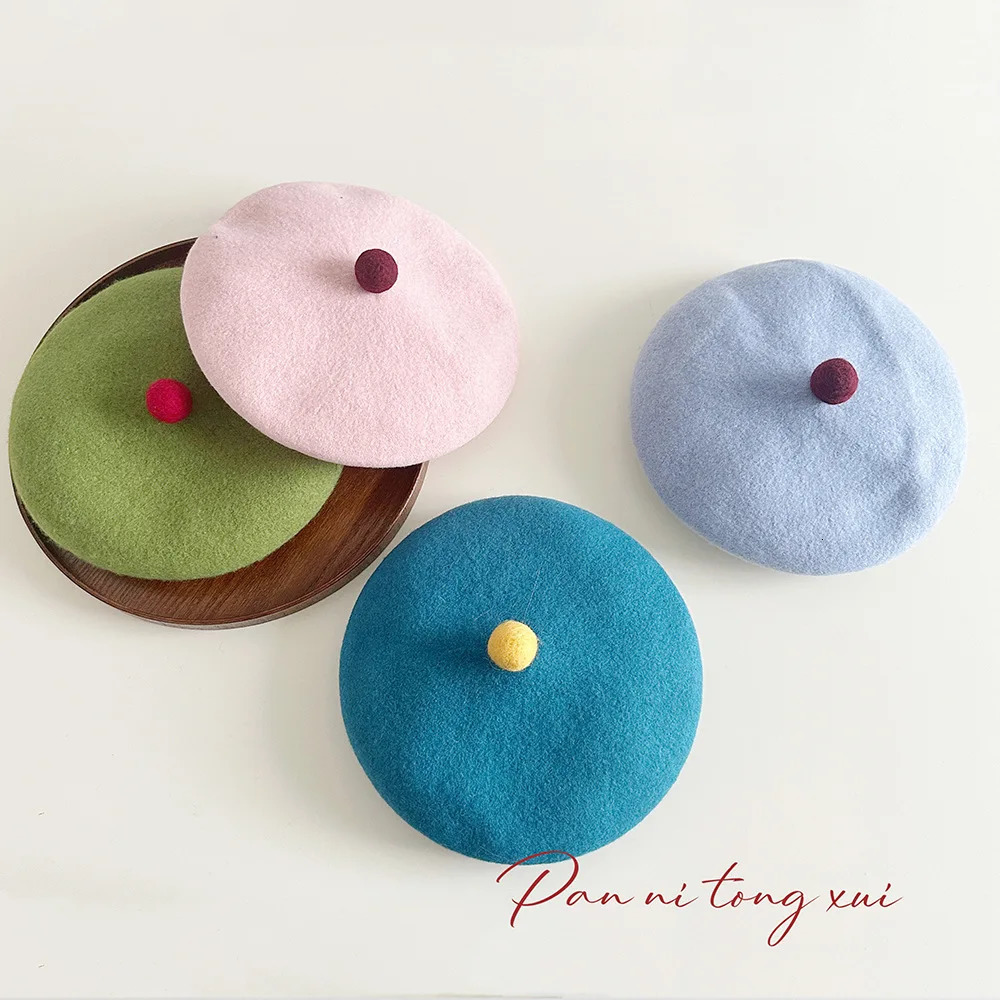 Korean Version Hairball Wool Blend Beret Women Autumn Winter Versatile Woolen Knitted Painter Hat Female Sweet Retro Cap 250819