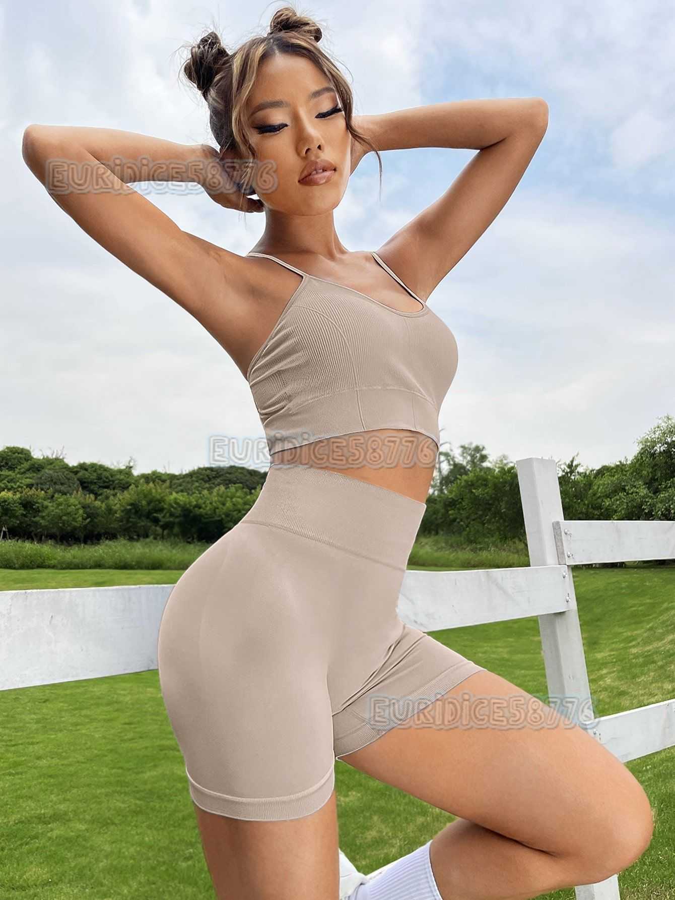 Cross Back Yoga Vest Set with Thin Straps Sports Bra High Waist Tummy Control Tight Hip Fitness Pants H250819