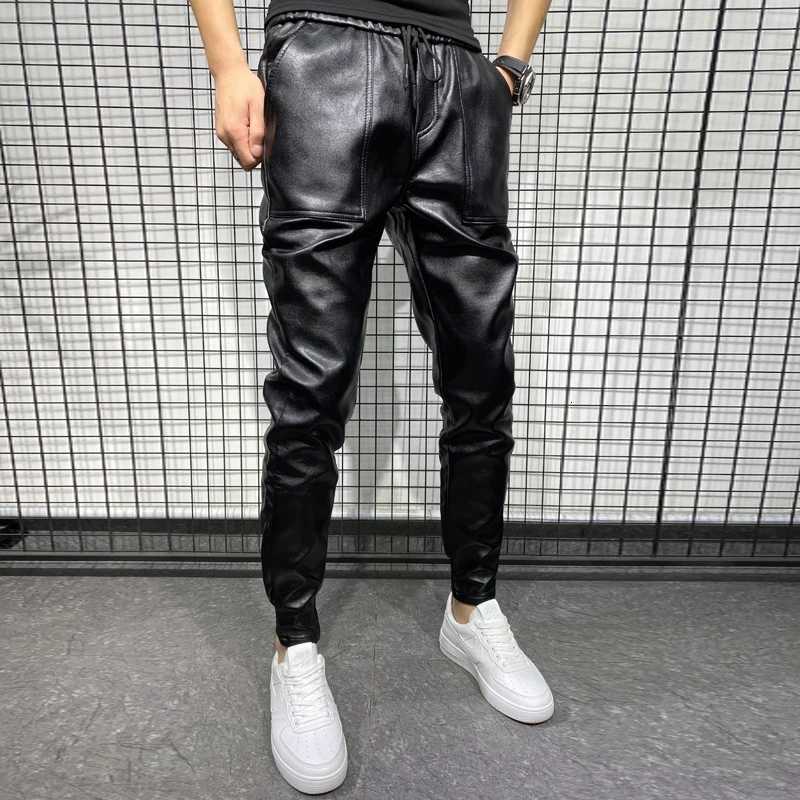 PU Leather Motorcycle Pants Men High Quality Winter Korean Luxury Clothing Large Size Windproof Casual Warm Mens Black Trousers W250819
