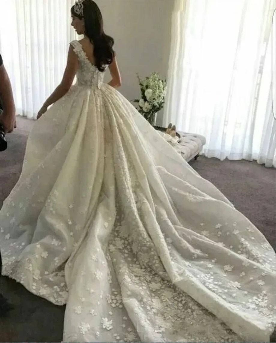Elegant Scoop Lace Appliques A-Line Wedding Dresses 3D-Floral Beads Sleeveless Tulle Hollow V-Back Chapel Train Plus Size Bridal