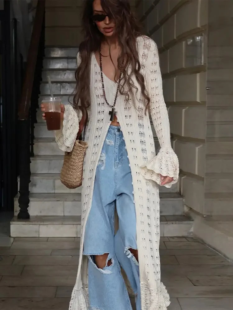 BWQ Chic Singlebreasted Hollow Out Knitted Cardigan Women Elegant V Neck Flare Long Sleeve Coat Autumn Fashion Streetwear 250819