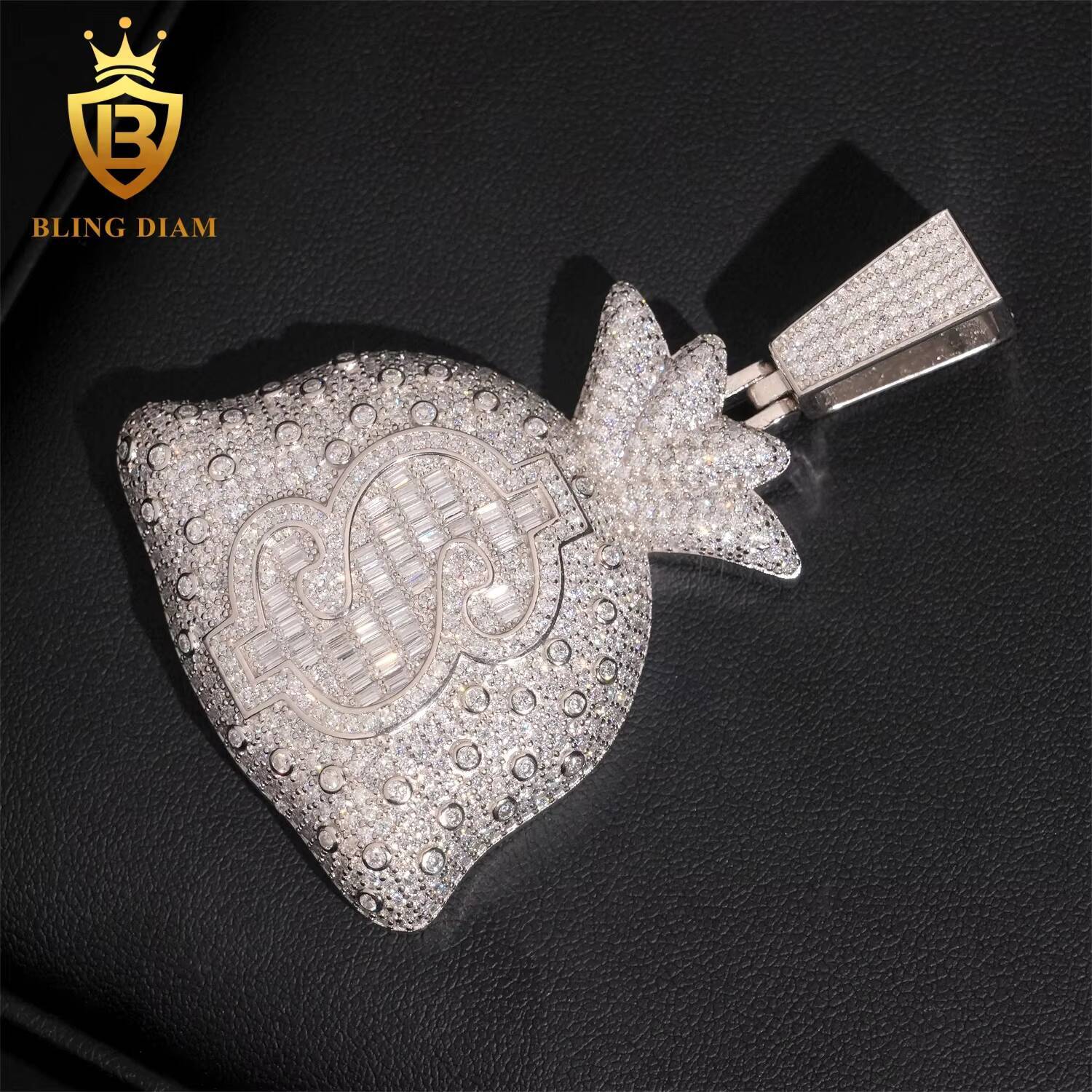 GRA Certified Iced Out Diamond Pendant Men Custom Hip Hop 925 Silver Gold Vvs Dollar Money Bag Pendant Fine Jewelry