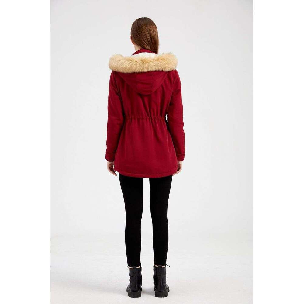 Women's lambswool cotton-padded jacket elastic waist detachable hood veet coat