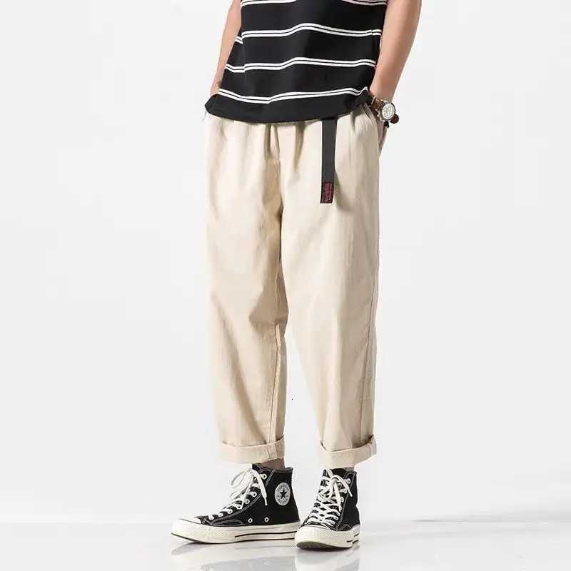 00% Cotton Casual Summer Pants With Belt Men Straight Baggy Ankle-Length Cargo Trousers Wide Leg Sweatpants Male Streetwear W250819