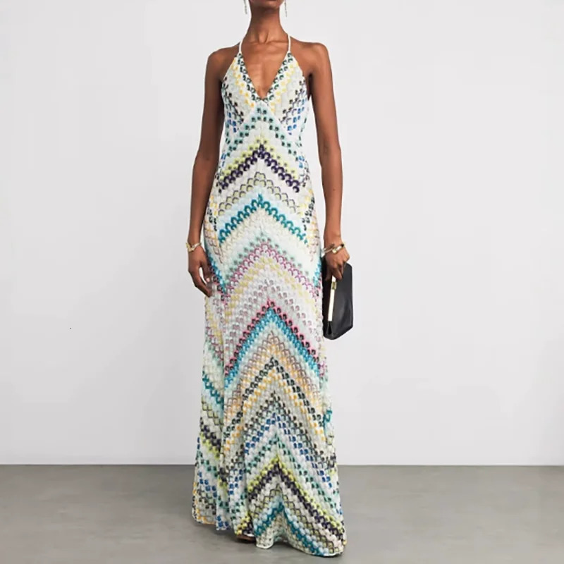 Trendy Contrast Color Suspender Dress Sexy V-neck Sleeveless Slim Beach Vacation Dress Lady High Waist Casual Commute Long Dress 250819