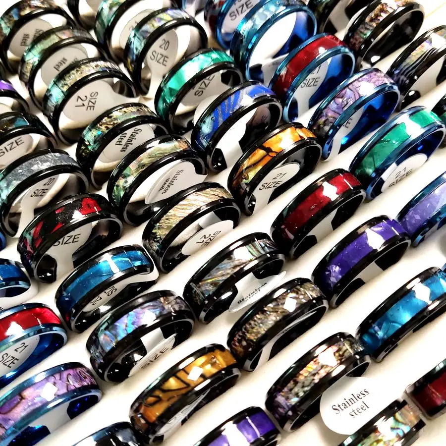 20pcs/lot Black Blue Quality Stainless Steel Bright Shell Band Ring Men Wedding Rings Women Party Jewelry 250815
