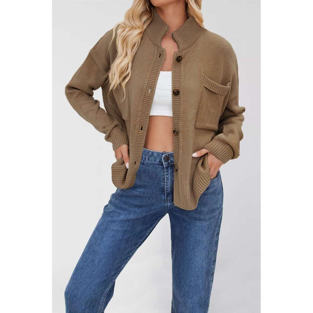 New Coat Knitted Stand Collar Plus Size Sweater Button Cardigan B5