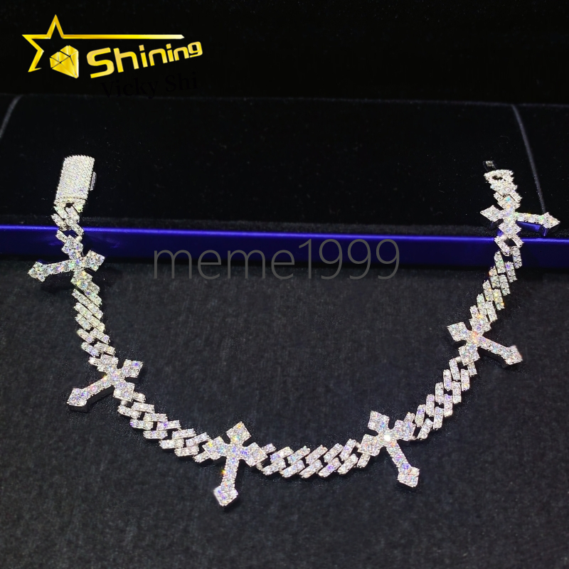 Fine Jewelry Iced Out Cross Design Moissanite Cuban Bracelet 925 Sterling Silver 6mm Hip Hop Cuban Link Bracelet