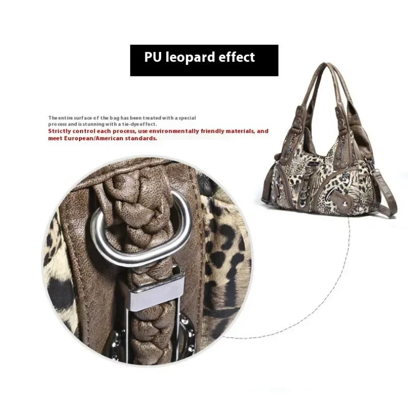 Women Vintage Leopard Print Handbags Punk Biker Satchel Top-handle Shoulder Bag Ladies Underarm Bags Multi-pockets Dumpling Pack 250818