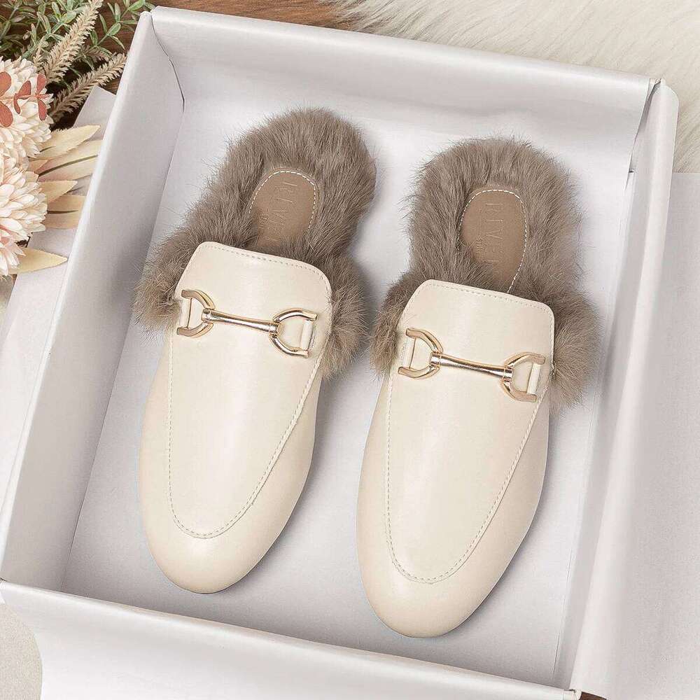 2023 Winter Women's Plush Outdoor Slippers Mules Metal British Style Genuine Fur Rabbit Flats Ladies Casual Shoes