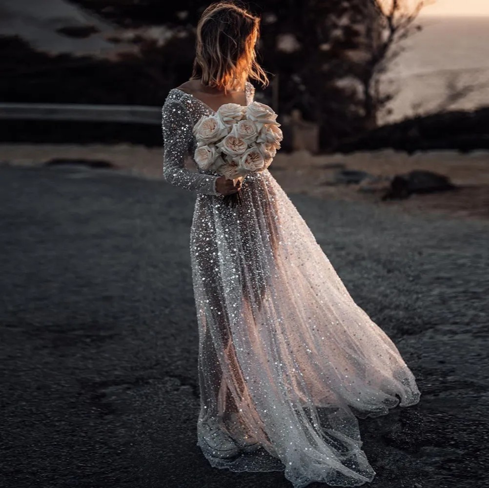 Sexy Illusion Boho Wedding Dress A-Line V-Neck Sleeves Wedding Dresses Backless Beach Bridal Gowns Sequined Beading Beach