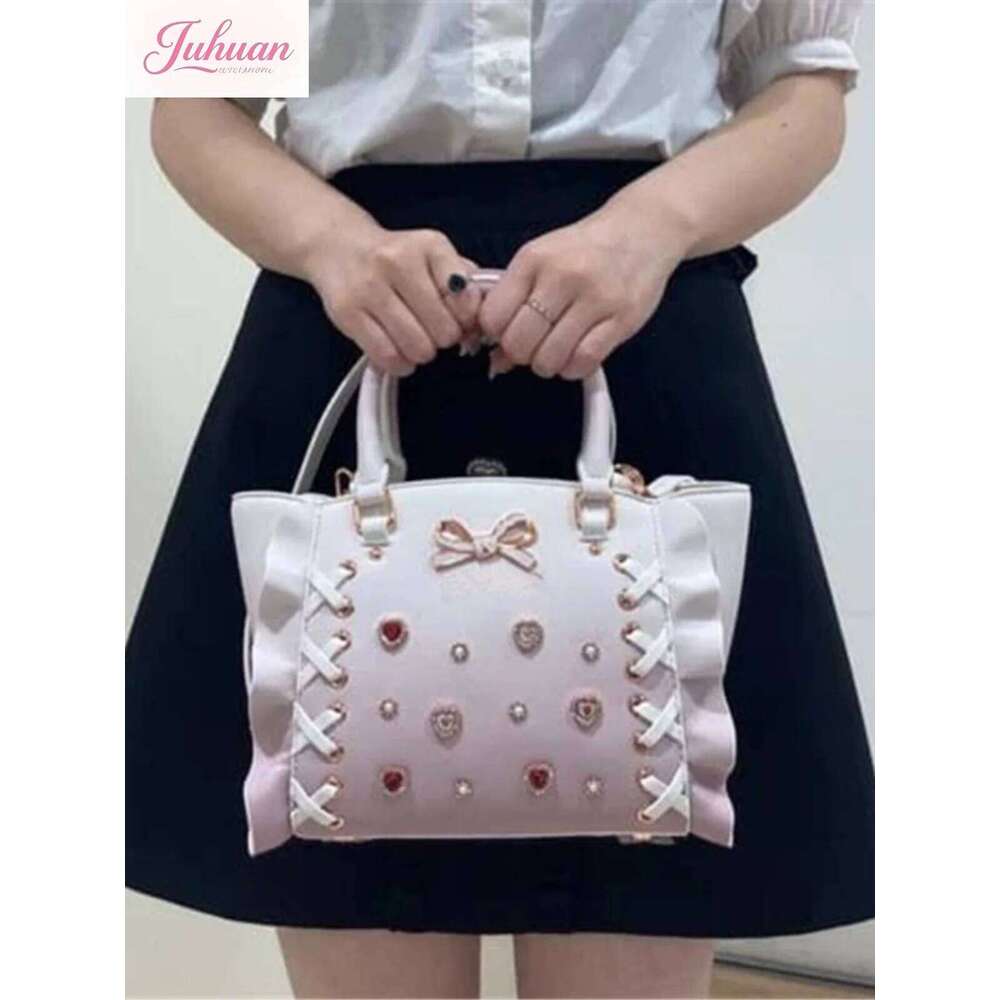 Japanese Cross Lolita Handbags Female Gradual Change Color Rhinestone Gemstone Mine Tie Bow Portable Oblique Span Tote Bags Girl