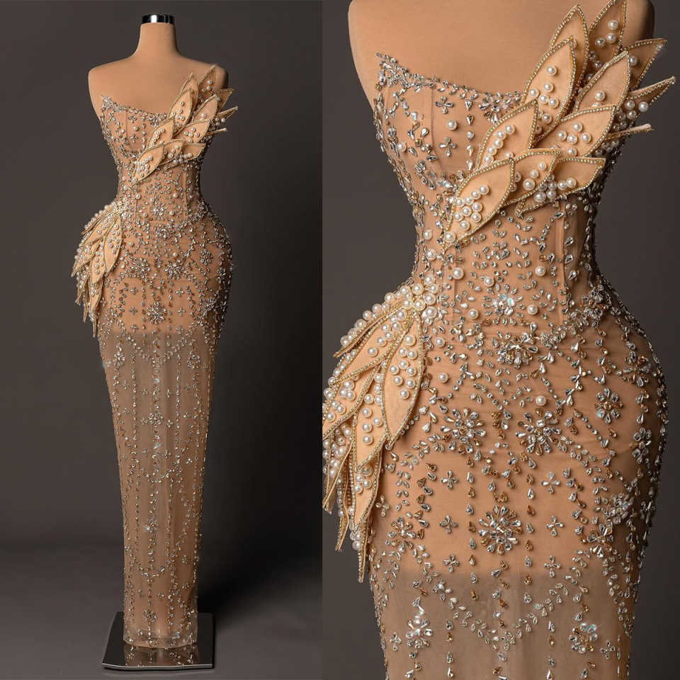Stunning Crystal Pearls Mermaid Evening Dressses Sleeveless Beadeds Prom Gowns Dresses Couture Celebrity Customized Vestido De Gala