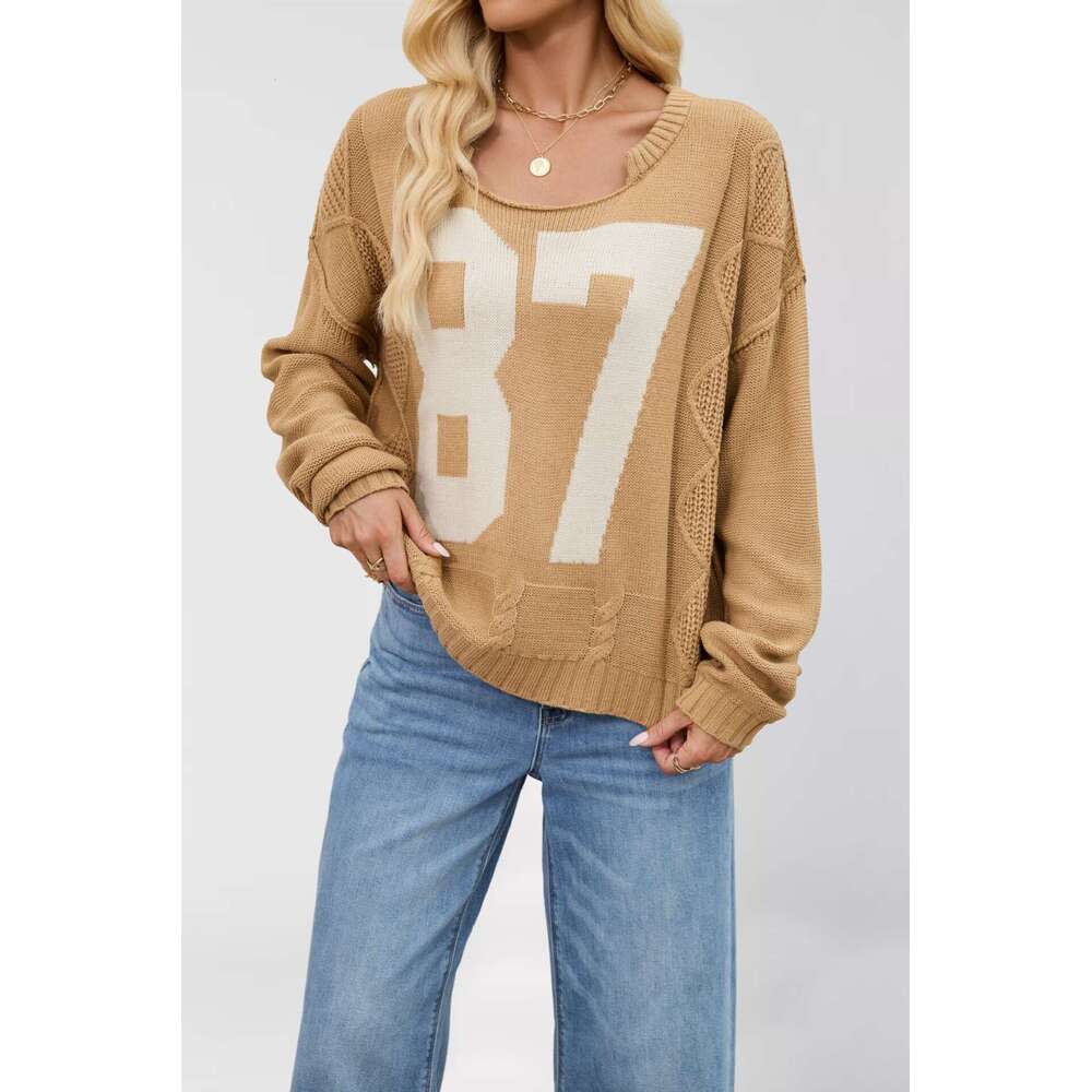 Autumn Winter Long Sleeve Top Women's Digital Color Block Knitted Pullover Loose Sweater B3