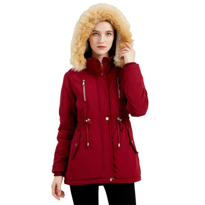 Women's lambswool cotton-padded jacket elastic waist detachable hood veet coat