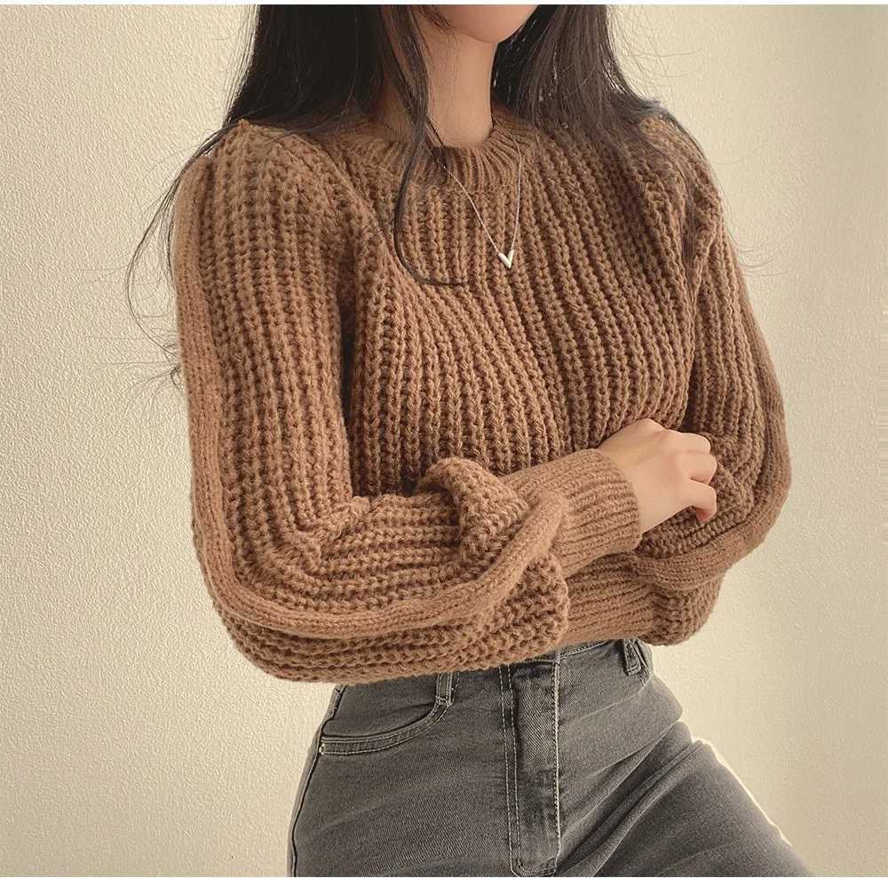 Korean Loose Long Sve Sweaters Fashion Women Harajuku Lantern Knit O-Neck Solid Basic Jumpers Autumn Winter Soft Warm Sweater XJ250819