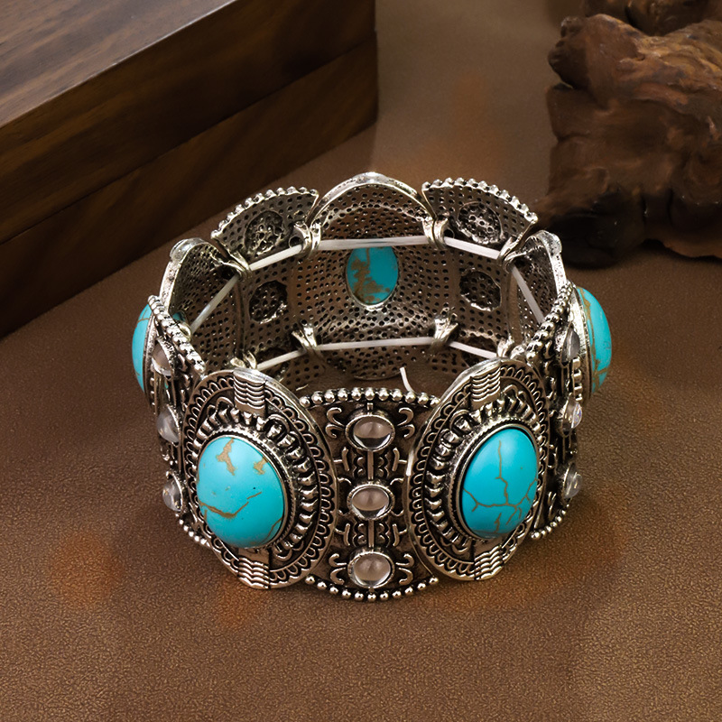 Artisan Tribal Cuff Bracelet Hand Stamped Turquoise Accent Bangle with Feather Motifs Adjustable Closure