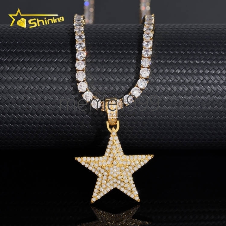 New Design Fine Jewelry Solid 925 Sterling Silver Gold Plating Hip Hop VVS Diamond Necklace Moissanite Iced Out Star Pendant