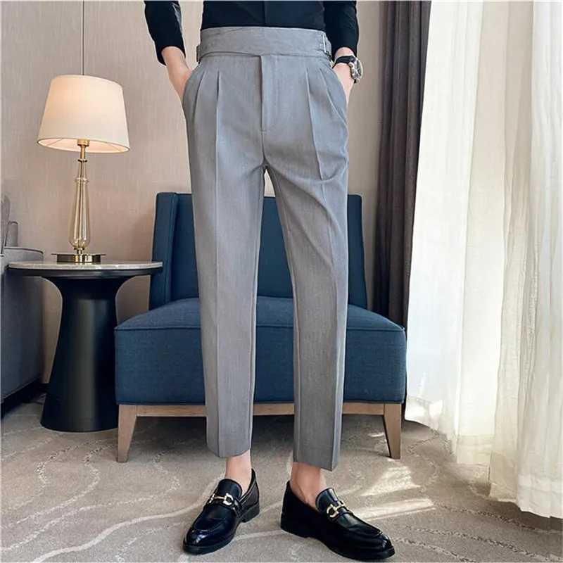 British Style Men High Waist Casual Dress Pant Men Belt Design Slim Trousers Formal Office Social Wedding Party Dress Suit Pants W250819