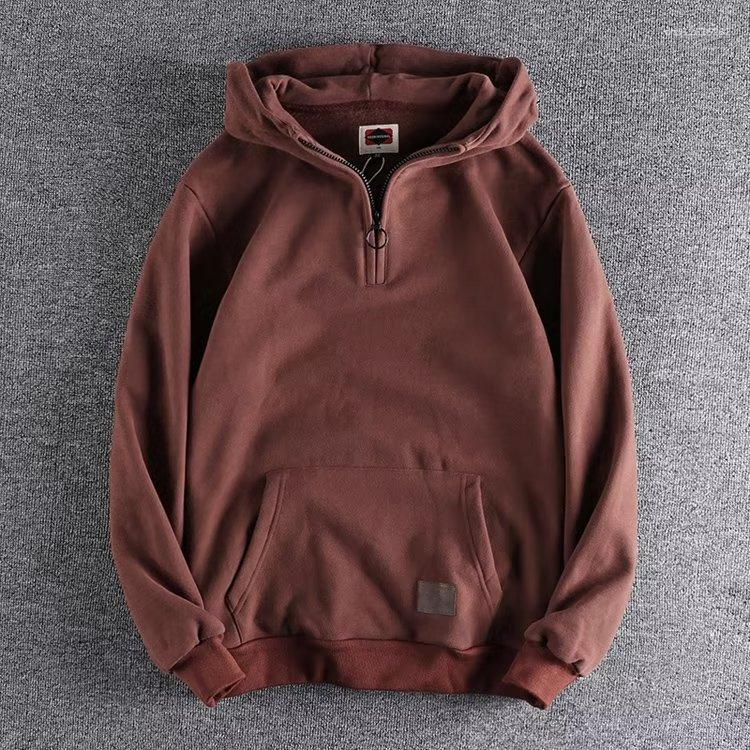 Men's Hoodies Half Zip Hooded Sweater American Style Retro Heavy Thickened Couple's Pocket Collar Hoodie Coat Cotton