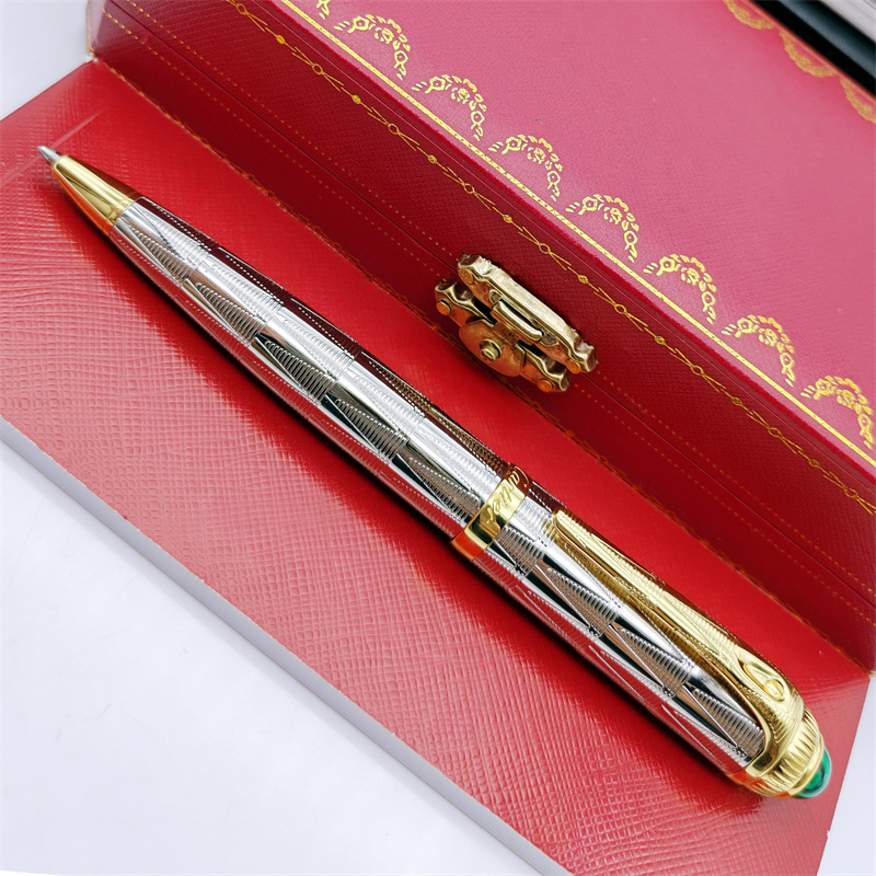 AAA Quality R Series CT Ballpoint Pen Silver Gold Unique Reliefs Design Luxury Ball Pens With Gem in Top Writing Stationery Gift