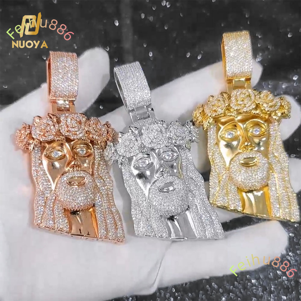 Hip Hop Style Iced Out Moissanite Diamond Jesus Pendant with Rose Custom Jewelry Gold Silver Plated Jesus Religious Christian Pendant Gift