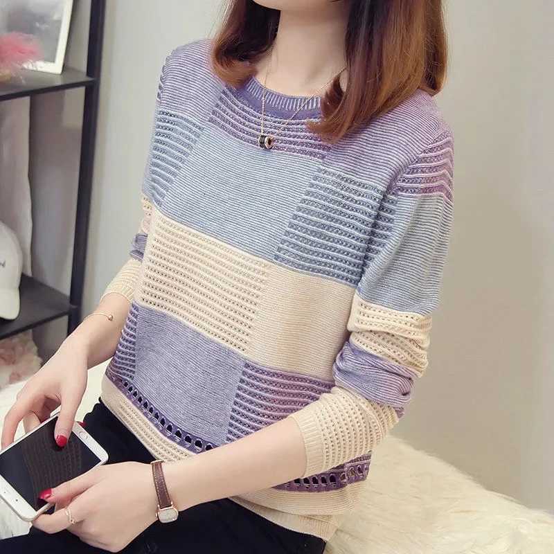 2023 New Sweater Women Striped Pullover Thin Knitting Korean Version Loose Hook Hollow Jumper Casual Top XJ250819