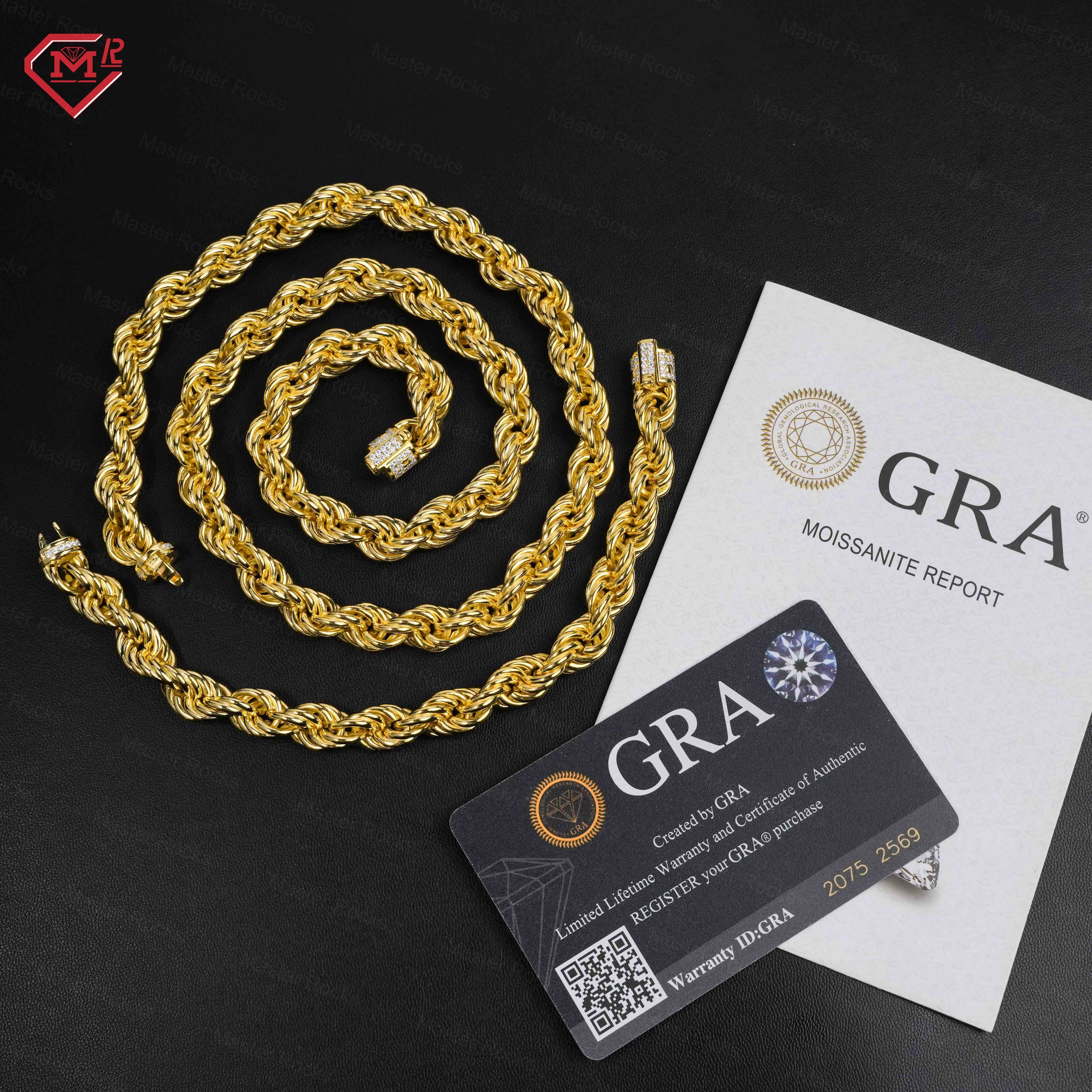 9mm Hip Hop Rope Chain 925 Silver Twisted Gold Plated Iced Out Clasp VVS Moissanite Cuban Link Chain