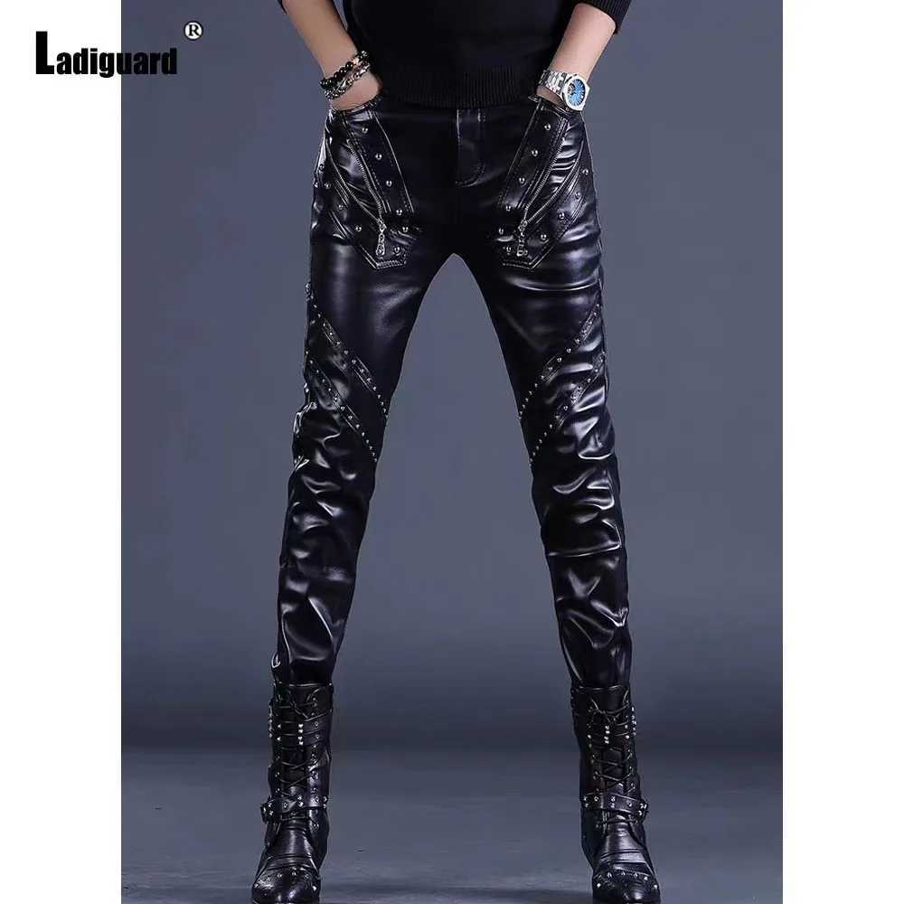 Men Fashion Rock Style PU Leather Pants Sexy Night Club Dance Pants Mens Rivets Zipper Faux Leather Slim Motorcycle Trousers New W250819