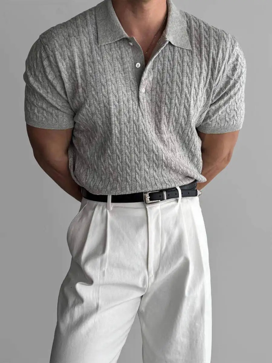 American Sle Hard Man Knitted irt Muscle Men Slim Fit Elastic ort Sve Turn-down Collar Sweatirt Tight Sve ... 250818