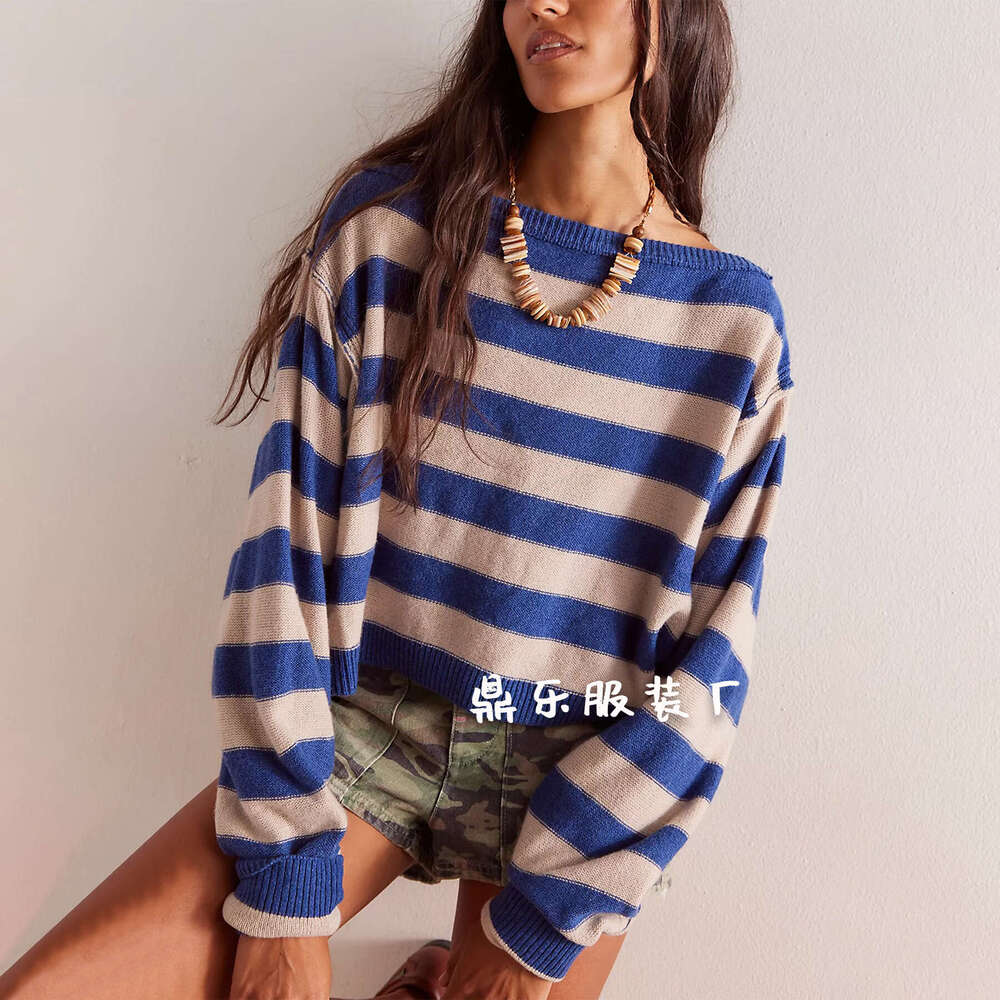 New Autumn Winter Pullover Loose Sweater Striped Short Knitted Top For Women B5