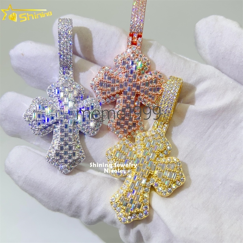 Fine Jewelry 925 Silver Baguette Diamond Cross Charms Moissanite Hip Hop Jewelry Mens Moissanite Pendant